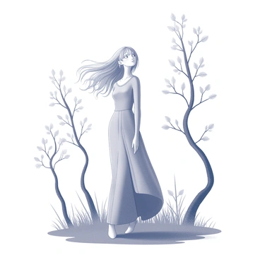 A figure representing "Galadriel" stands amidst a tranquil landscape. Her hair flows gracefully in the air, mimicking the movement of a gentle breeze. She is positioned with her head slightly tilted, as if attentively listening to the "whispers of the wind." The environment shows tall, slender trees swaying subtly, their leaves rustling softly. The overall setting has a serene atmosphere, enhancing the essence of nature and tranquility surrounding her.