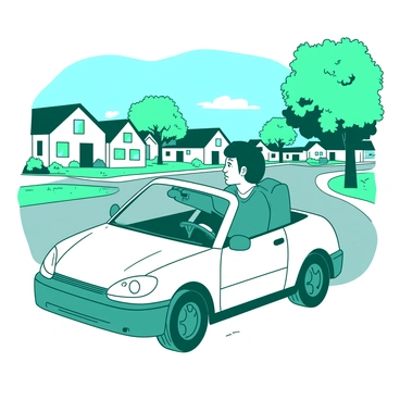 A teal driving instructor sits in the driver's seat of a small white car, pointing at the road ahead with a focused expression. Next to the instructor, a student with nervous eyes grips the steering wheel tightly. The car is positioned on a quiet suburban street lined with small white houses and neatly trimmed lawns. In the background, a few trees provide shade, and a clear blue sky can be seen overhead. The street is empty, with no other cars in sight, emphasizing the calm atmosphere as the instructor provides guidance on driving.