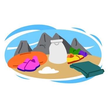 A collection of bouldering gear is arranged at the base of a rocky climb. Several pieces of colorful climbing shoes are placed next to each other, their bright hues contrasting against the earthy tones of the ground. A white bag of chalk sits prominently, partially opened, with a dusting of chalk powder visible around it. Two large, padded crash pads are laid out flat nearby, showcasing their vibrant colors and patterns. The background features rugged boulders rising up towards a clear blue sky, emphasizing the climbing environment.