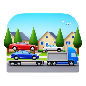 A large transport truck with a silver trailer parked on a quiet suburban street. The truck is loaded with several shiny new cars, including a red sports car, a blue sedan, and a white SUV, secured on the trailer. Surrounding the scene are neatly trimmed lawns, charming single-family homes with pastel-colored exteriors, and tall green trees lining the street. The sky is clear and blue, creating a calm atmosphere. A few birds can be seen flying in the distance.