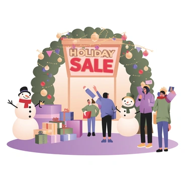 A retail store entrance featuring a cheerful holiday promotion display. The display includes a large, colorful "Holiday Sale" sign in red and gold, which is adorned with sparkling lights. Surrounding the sign are festive decorations such as green and red garlands and ornaments. There are two life-sized snowmen on either side of the entrance, one with a black hat and a red scarf, the other wearing a green hat and a blue scarf. A variety of brightly wrapped gift boxes in different sizes and colors are arranged at the base of the display. The entrance is framed by a large evergreen wreath decorated with red berries and a shiny gold bow. Shoppers can be seen in the background, admiring the festive setup.