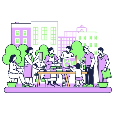 A small urban plaza is bustling with city dwellers engaged in a lively book and art exchange. In the center, a group of people is gathered around a wooden table filled with an array of colorful books, some stacked high and others being flipped through. On one side of the table, a woman with a green scarf is examining a painting held by a man with glasses, who is discussing its details. To the right, a child is reaching for a brightly illustrated book while an elderly man watches with a smile. Surrounding the plaza are small trees in pots and benches where other passersby sit and observe the vibrant atmosphere. The buildings in the background display various architectural styles, creating a cozy urban environment.