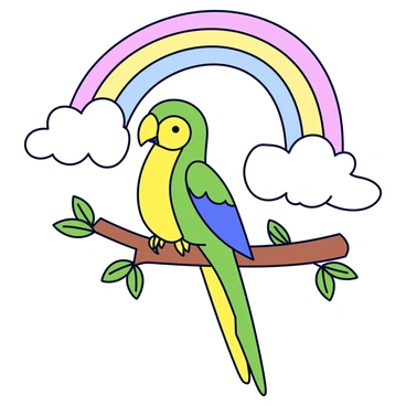 A vibrant parrot with bright green, blue, and yellow feathers is perched on a wooden branch. The parrot has a curved beak and is facing slightly to the left. In the background, there is a large, colorful rainbow arching across the sky. The sky is clear with a few fluffy white clouds. The branch has some green leaves surrounding the parrot, enhancing the natural setting.