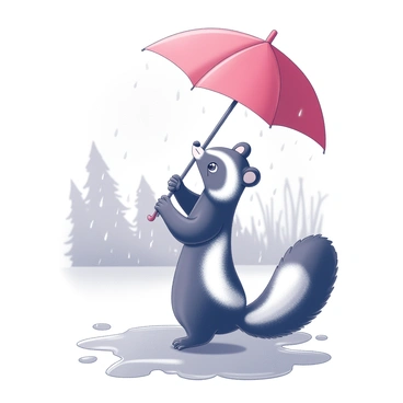 A skunk is standing upright, holding a "bright red umbrella" above its head. The skunk's fur is predominantly black with white stripes running from the head down the back. It is positioned on a wet surface, with small puddles forming around its feet. Raindrops are falling from the sky, creating ripples in the puddles below. The background features blurred outlines of trees and grass, slightly dampened by the rain. The skunk looks up, its eyes appearing curious as it observes the rainfall.