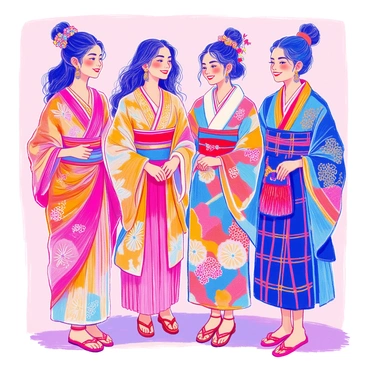 A group of women from diverse cultures stands together, each showcasing their traditional attire. The first woman wears a vibrant sari with intricate patterns, adorned with delicate jewelry that glimmers in the light. The second woman is dressed in a colorful kimono, with detailed floral designs and a wide obi belt, her hair styled with traditional kanzashi. Another woman sports a flowing African kente cloth, the bold colors and geometric patterns creating a striking appearance. The fourth woman wears a traditional Scottish kilt, complete with a sporran and a tartan scarf. Each woman is smiling warmly, displaying a sense of camaraderie and unity. They are standing against a simple background, emphasizing their traditional clothing and joyful expressions.