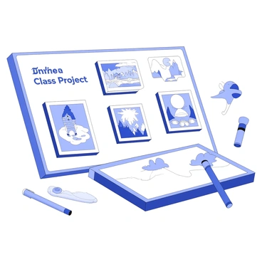 A digital art board displays various illustrations organized in a clean layout. The board features multiple sections, each occupied by distinct artwork that showcases a range of themes. Some illustrations depict whimsical characters, while others focus on detailed landscapes. The images are neatly arranged, with a digital frame around each piece to highlight them. In one corner, there is a stylized text that reads “Online Class Project.” Tools such as a stylus and a digital tablet are visible nearby, suggesting an active creative process.