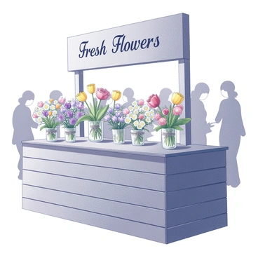 A market stall filled with a variety of freshly cut flowers. The stall is constructed from wooden planks, giving it a rustic appearance. Various types of flowers, such as roses, daisies, and tulips, are arranged in colorful bouquets. The flowers are displayed in glass vases and tied with natural twine. The scene includes a wooden sign above the stall with the words "Fresh Flowers" written in elegant script. The background features a crowd of people browsing and interacting with the stall, creating a lively atmosphere.