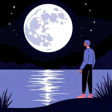 A person standing at the edge of a calm body of water, looking at the moon's reflection shimmering on the surface. The moon is large and full, casting a silvery light that creates a glowing path on the water. The surrounding area features gentle ripples, distorting the moon's reflection slightly. The person is silhouetted against the night sky, with stars twinkling above, adding to the serene scene. The water is dark with hints of blue, and the landscape around is filled with soft shadows.