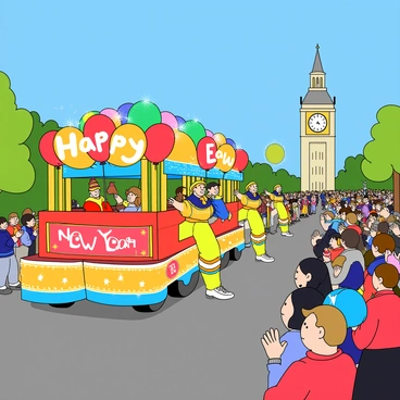 A festive parade with floats and performers celebrating the New Year
