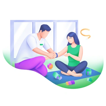 A modern pastel illustration depicting a physical therapist and a patient on a yoga mat. The therapist is showing wrist mobility exercises, with the therapist's hands positioned to guide the patient's wrist movements. The patient, sitting cross-legged on the mat, looks focused and engaged. Bright pastel colors create a warm atmosphere, and a few exercise props, such as resistance bands and an exercise ball, are scattered nearby. The background includes a large window with soft light coming through, illuminating the scene.