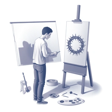 A painter stands in front of a large canvas, focused on their work. The canvas depicts a "crown of thorns" prominently displayed in the center. The painter, with a brush in hand, is adding intricate details to the thorns, showcasing their sharpness and texture. The surrounding area of the canvas is partially filled with subtle shading to give depth to the composition. The painter's palette rests nearby, containing various shades of paint. The studio is filled with scattered brushes and art supplies, creating an atmosphere of creativity and concentration.