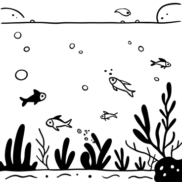 Phytoplankton represented as tiny glowing specks drifting through the water. Small fish swimming energetically around them, with some fish actively approaching the phytoplankton as if to eat them. Various underwater plants swaying gently in the current, adding texture to the scene. Bubbles rising from the depths, creating a sense of movement in the water. Sunlight filtering down from the surface, illuminating the underwater environment.