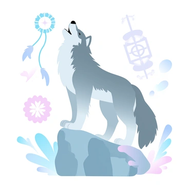 A wolf is depicted standing on a rocky outcrop, its body slightly turned as it howls towards the sky. The wolf has a thick coat with shades of gray and white. Surrounding the wolf are various cultural symbols, such as a dreamcatcher hanging from a nearby tree branch, a circular mandala pattern on the ground, and a small totem pole that adds vertical interest. Delicate patterns and shapes emerge from the symbols, creating a harmonious connection with the environment. The scene is set against a backdrop of gradient pastel colors that blend softly, enhancing the overall composition.