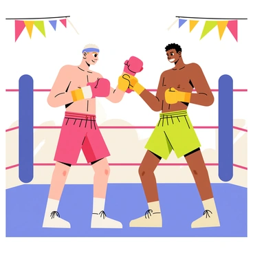 Two amateur boxers are engaged in a spirited match inside a brightly lit boxing ring. One boxer, wearing red shorts and sporting a blue headband, throws a powerful jab towards his opponent. The other boxer, dressed in green shorts and wearing a white mouthguard, ducks to avoid the punch while raising his gloves in defense. The ring is surrounded by cheering spectators, with colorful banners hanging from the ropes. The bright lights above create a vibrant atmosphere, highlighting the intensity of the match. The floor of the ring is a classic blue canvas, marked with white lines indicating the fighting area.