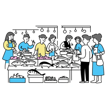 A fish market scene filled with various stalls. Each stall displays an array of fresh fish, including salmon, mackerel, and shrimp, arranged on beds of ice. Customers, both men and women, are seen examining the fish, some pointing and discussing with vendors. The vendors, wearing aprons, are busy weighing fish and wrapping them in paper. Baskets filled with smaller fish and seafood are scattered around the stalls. Bright overhead lights illuminate the market, creating a lively atmosphere.