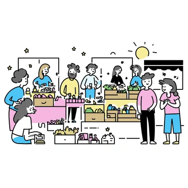 A bustling city market filled with various stalls. Vendors are selling an array of fresh produce, including vibrant fruits and vegetables displayed in wooden crates. Artisans are showcasing handmade goods, such as pottery, jewelry, and textiles arranged on colorful tables. Shoppers of diverse ages and backgrounds are interacting, browsing through the goods, and making purchases. The scene captures the lively atmosphere with people chatting, children playing nearby, and the sun shining brightly overhead.