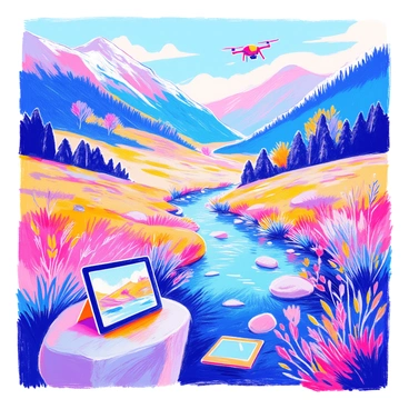 A natural landscape features a wide valley filled with lush green grass and trees. In the foreground, a river flows gently, reflecting the sunlight. In the background, towering mountains rise up, their peaks capped with snow. Scattered throughout the scene are sleek, modern digital devices like tablets and smartphones, subtly integrated into the environment. A tablet rests on a rock beside the river, displaying a vibrant nature scene. Above, a drone hovers, capturing aerial views of the landscape. The overall composition harmoniously blends the beauty of nature with elements of digital technology.