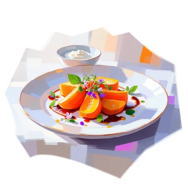 A gourmet plate featuring a beautifully plated butternut squash dish sits elegantly on a white tablecloth. The butternut squash is cut into intricate shapes, artfully arranged with vibrant colors. Surrounding the squash are delicate garnishes of microgreens and edible flowers, adding pops of green and purple. A drizzle of rich balsamic reduction is artistically swirled around the plate, enhancing the presentation. The dish is accompanied by a small bowl of spiced crème fraîche, placed strategically to complement the main elements. The scene captures a sense of culinary artistry and meticulous attention to detail.