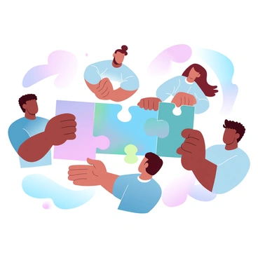 A group of diverse people is engaged in an activity of connecting oversized puzzle pieces together. In the scene, there are individuals of various ethnic backgrounds, showcasing a mix of skin tones and hair types. They are positioned around a large, vibrant puzzle that is partially assembled, with some puzzle pieces displaying bright colors and patterns. Each person is focused on their task, with hands reaching out to fit their puzzle pieces together. The environment is filled with a sense of collaboration and teamwork, emphasizing the unity as the individuals work creatively together.