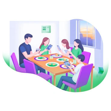 A modern pastel illustration depicting a family gathered around a dining table for dinner. At the center is a large wooden table, set with plates of food, utensils, and drinks. Each family member is sitting in their respective chairs, with a father, a mother, a teenage daughter, and a young son. The father is looking down at his smartphone, while the mother is interacting with her device. The daughter is scrolling through her phone, absorbed in social media, and the young son is playing a game on his tablet. The background features a softly lit dining room with warm colors, a decorative piece on the wall, and a window showing a view of the outside evening sky.