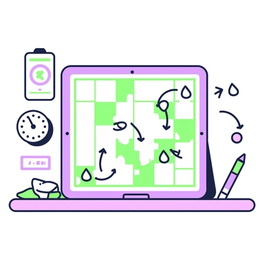 A tactical strategy board is set up on a table, displaying various player positions and game plays for a match. The board features a rectangular grid with green lines marking the boundaries and zones. Different colored shapes represent player positions, including circles and triangles. Detailed arrows illustrate planned movements and plays across the board. In the corners, there are notations and labels indicating key strategies, while a small digital timer is placed to the side, ticking down. A pen lies nearby, ready for adjustments and notes.