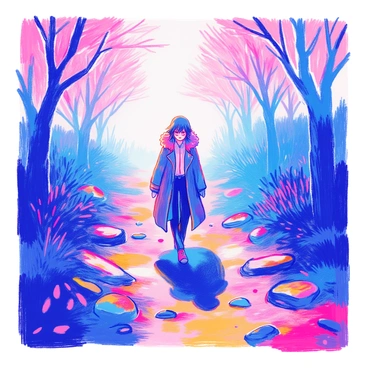 A character is walking through a dense fog. The fog is thick and swirling, creating an atmosphere of uncertainty. The character is wearing a long, dark coat that flutters slightly with each step. Their face is partially obscured by the fog, revealing only a hint of worry in their eyes. The ground is wet and uneven, with faint outlines of stones barely visible beneath the mist. Shadows loom in the background, emphasizing the feeling of being surrounded by an unseen presence. The scene conveys a sense of isolation and unease as the character moves cautiously through the obscured environment.