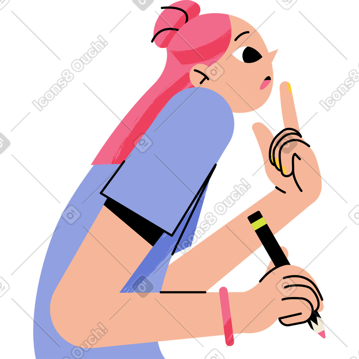Nachdenkliches mädchen mit einem bleistift-Illustration im Juicy-Stil als Download in PNG, SVG