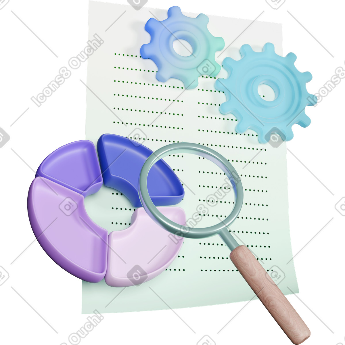 3D Business スタイルの Magnifying glass inspecting pie chart segments on data report sheet のイラストをPNG、SVG形式でダウンロード