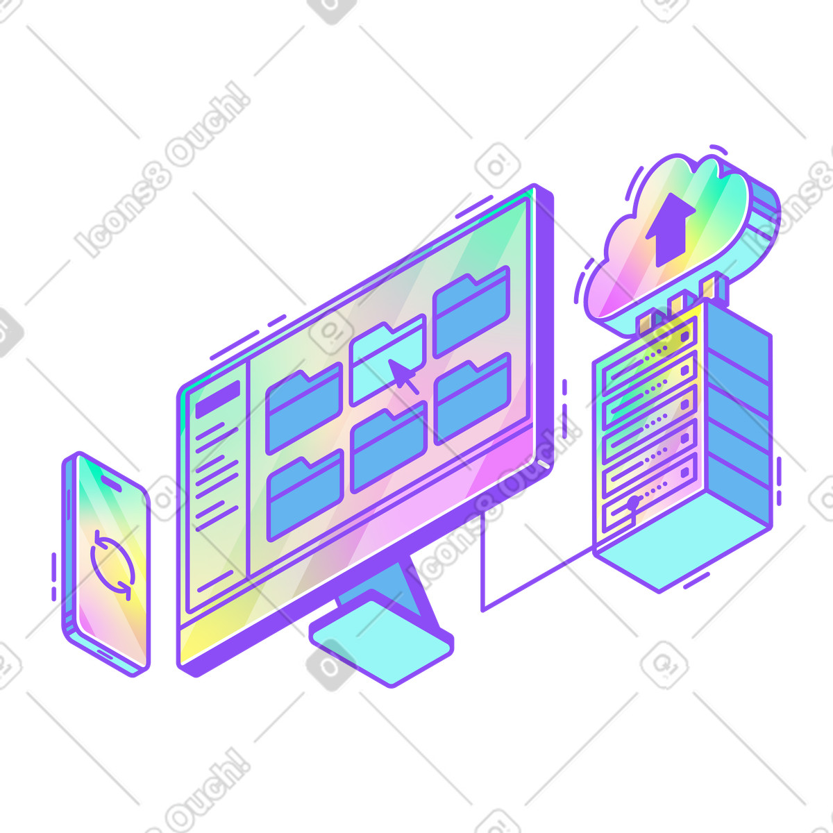Holographic スタイルの Files uploading from desktop to cloud server, Data transfer and synchronization workflow のイラストをPNG、SVG形式でダウンロード