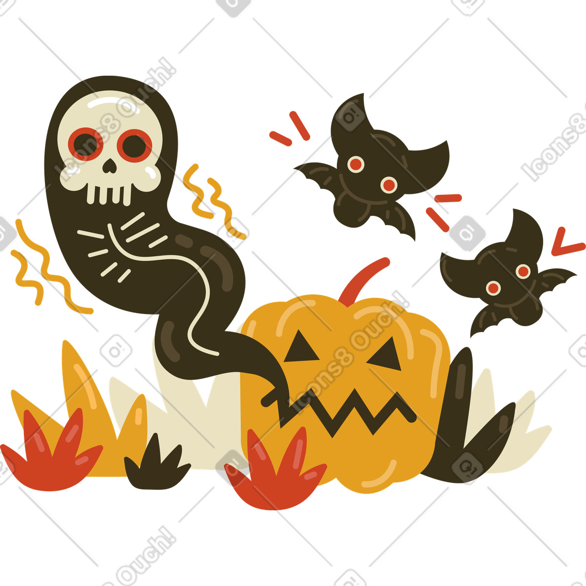 Illustration Halloween pumpkin with ghost and bats, Logout page or session end dans le style Arabica à télécharger aux formats PNG, SVG