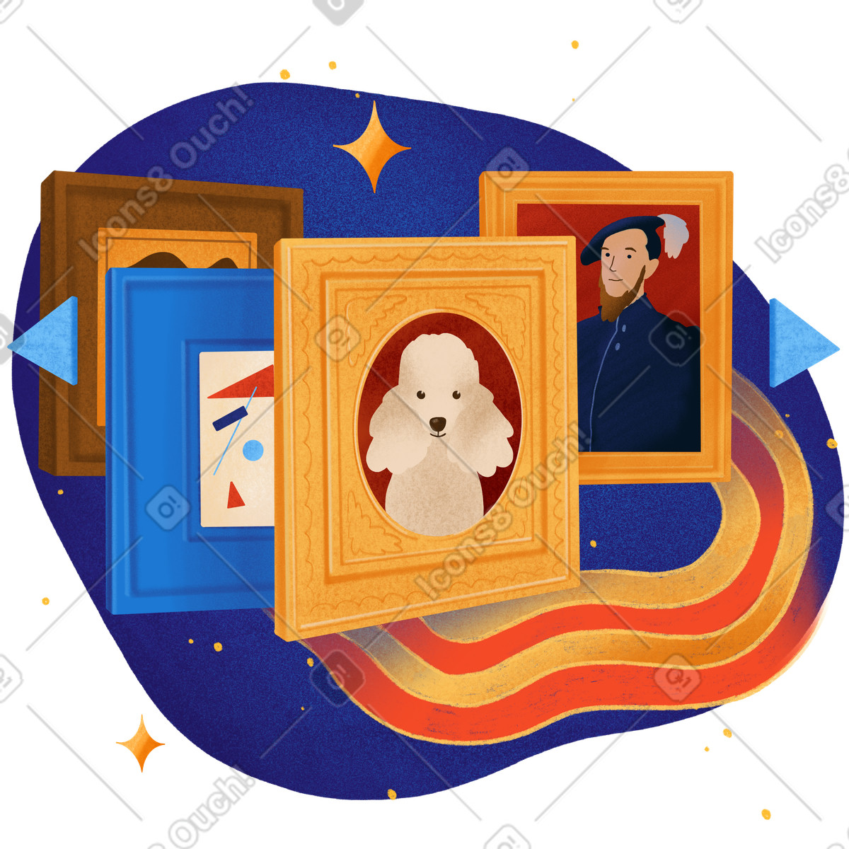 Gallery of colorful artworks in ornate frames, Virtual museum experience illustration Gleam style download PNG, SVG