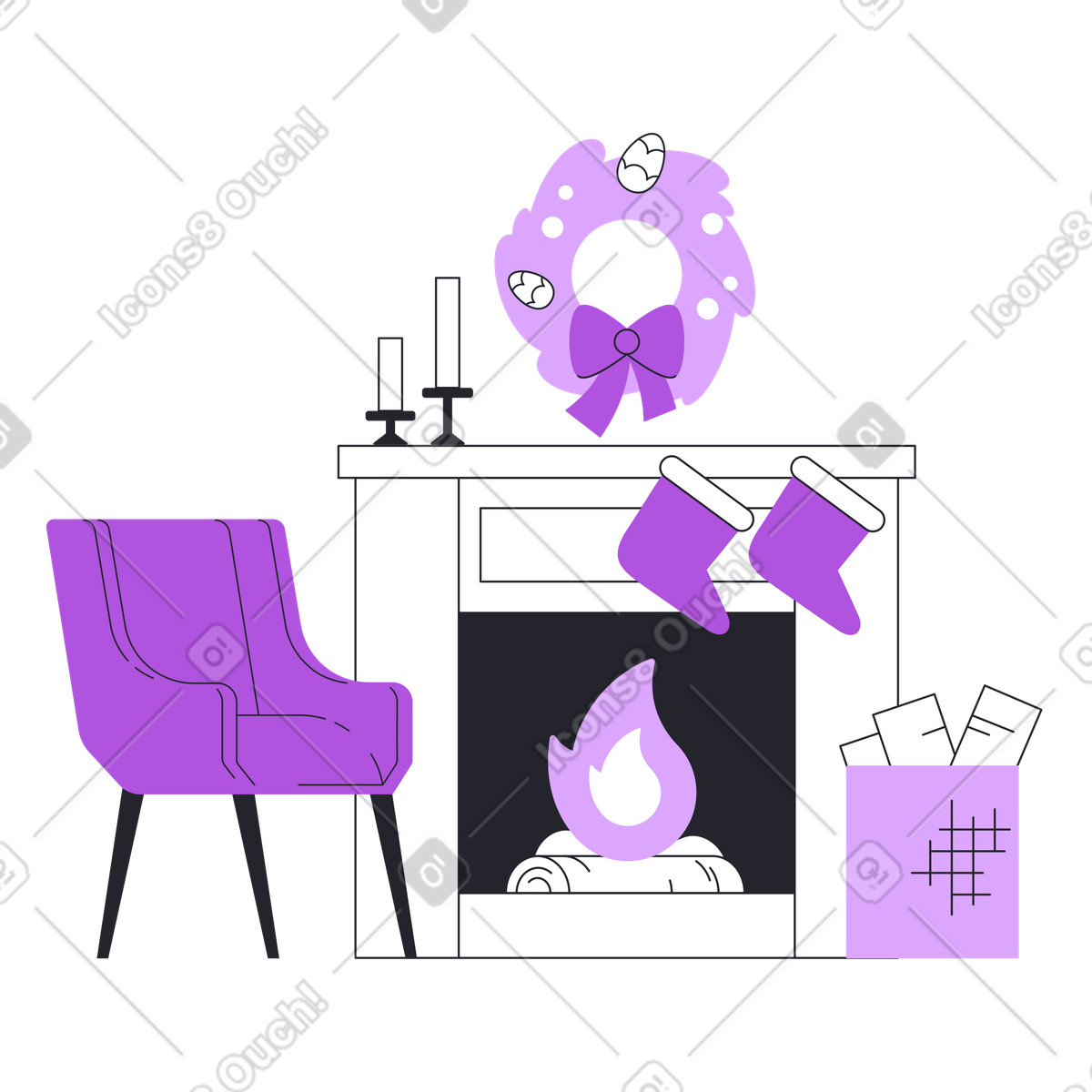 Festive living room with holiday decorations and fireplace, Cozy Christmas evening illustration in Grapy style download in PNG, SVG