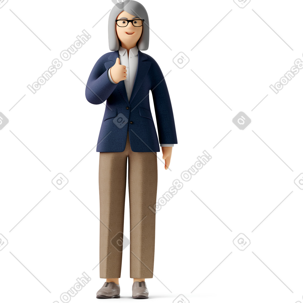 Old woman in dark blue blazer showing thumbs up illustration 3D Business style download PNG, SVG