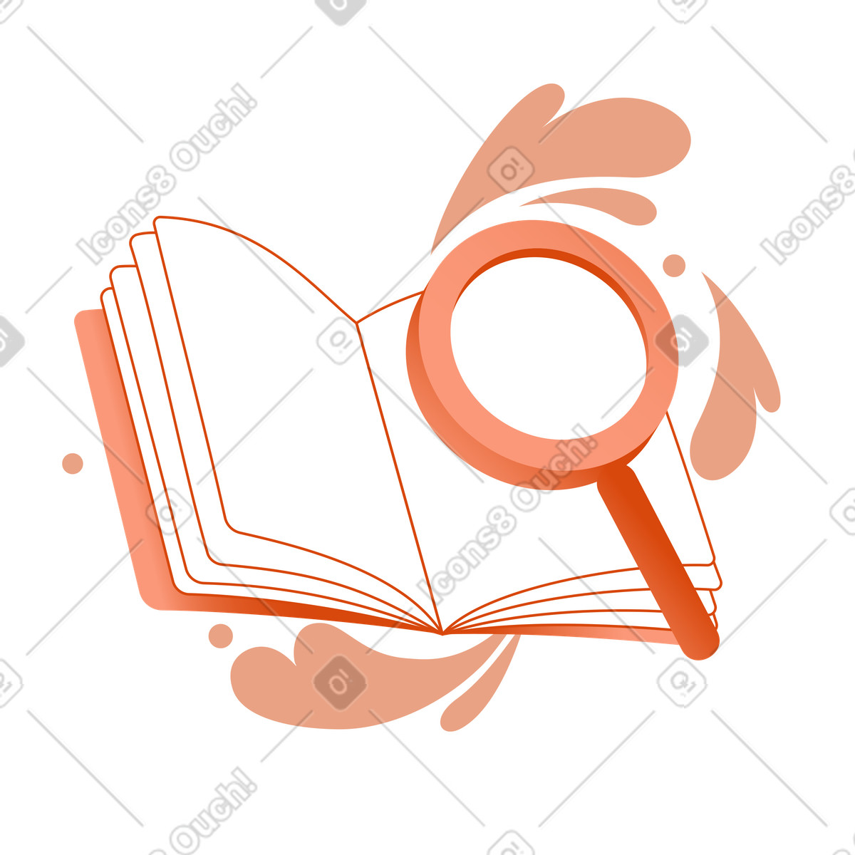 Ilustração de Magnifier over open book, Academic research and information finding em no estilo Orange para baixar em PNG, SVG