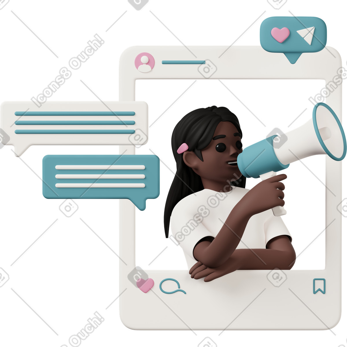 Giovane donna che promuove post sui social media illustrazione in stile 3D Casual life scarica in PNG, SVG