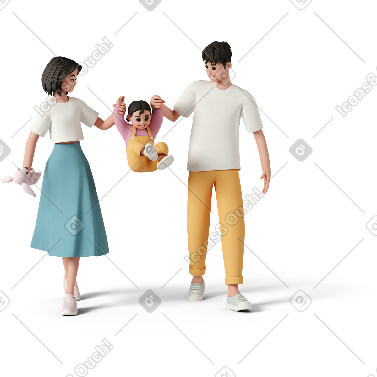 下载 3D Casual life 风格的 Couple walks with baby 插画，支持 PNG、SVG 格式