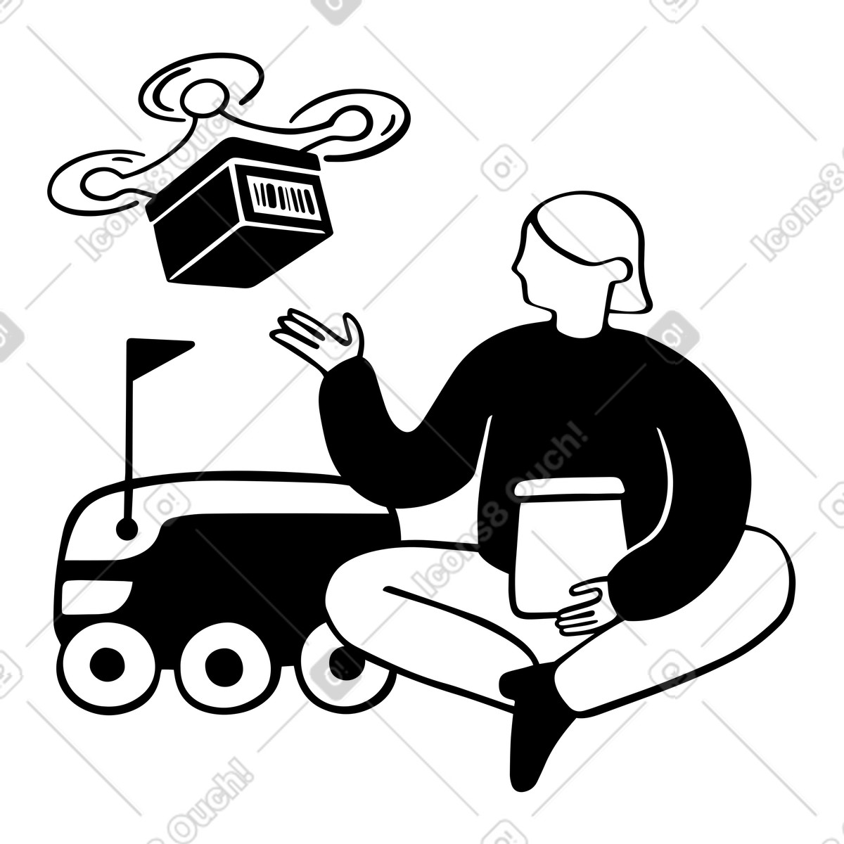 Donna che utilizza servizi di consegna con droni e robot illustrazione in stile Journal scarica in PNG, SVG