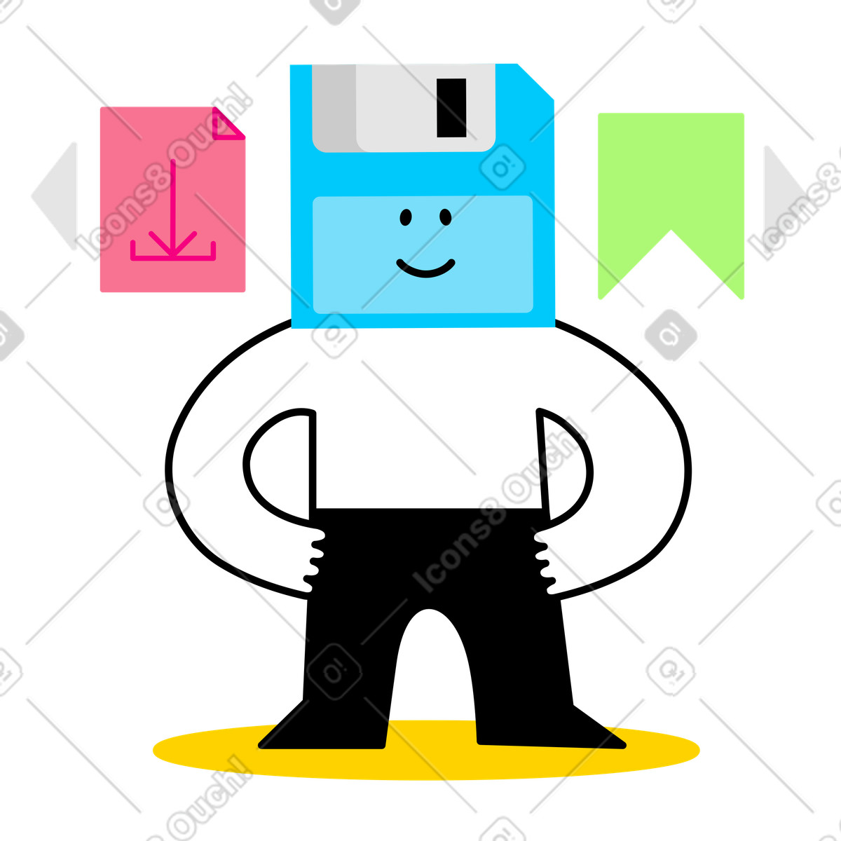 Personaggio del floppy disk con icone di salvataggio e segnalibro, concetto dei dati digitali illustrazione animata in stile Giggle scaricabile in GIF, Lottie (JSON), AE