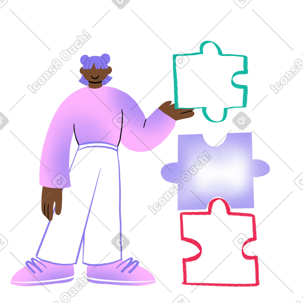 Иллюстрация Woman putting puzzle pieces together в стиле Bonny — скачать в форматах PNG, SVG