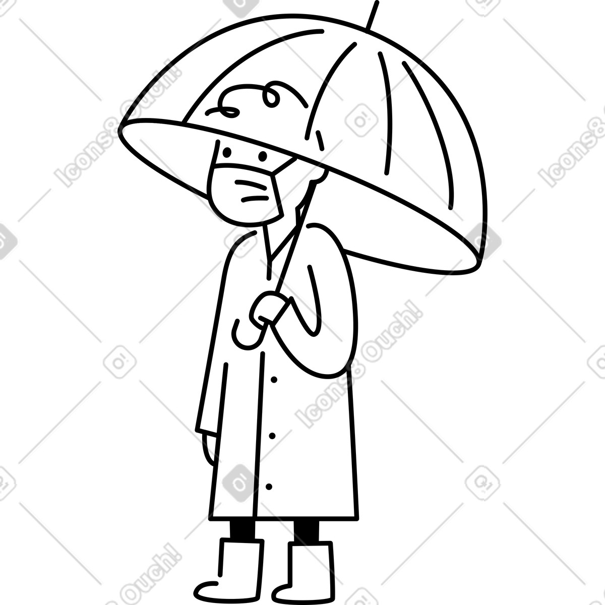 Umbrella holding character wearing raincoat boots and protective face mask-Illustration im Notion Line Art-Stil als Download in PNG, SVG