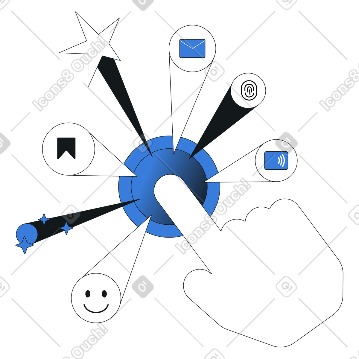 UI actions radiating from touchpoint, creative app menu design, modern user experience illustration in PNG, SVG