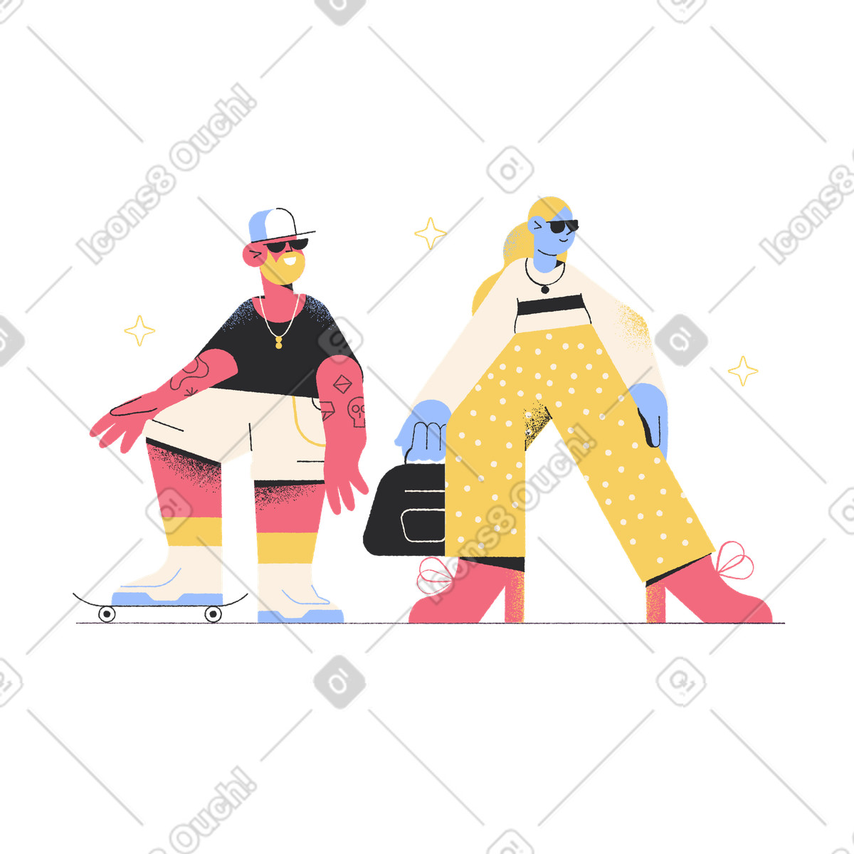 Fashionable people in sunglasses and accessories, Youth fashion trends illustration Pablo style download PNG, SVG