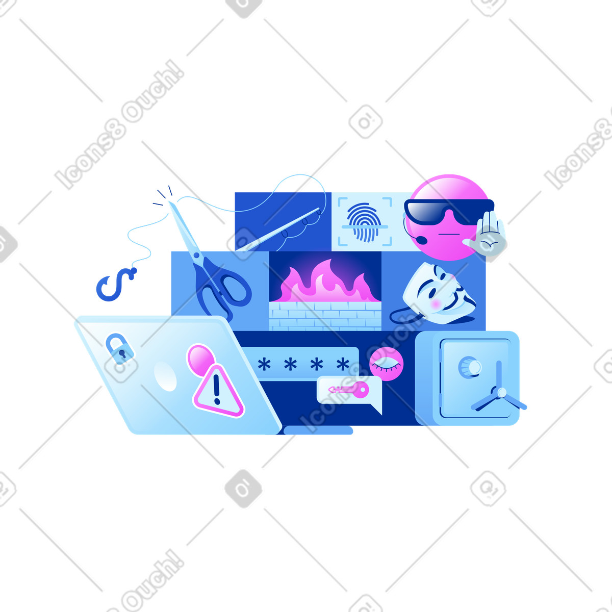 Illustration Emoji de cybersécurité avec pare-feu, ordinateur portable et coffre-fort, identifiant protection dans le style Glossy à télécharger aux formats PNG, SVG