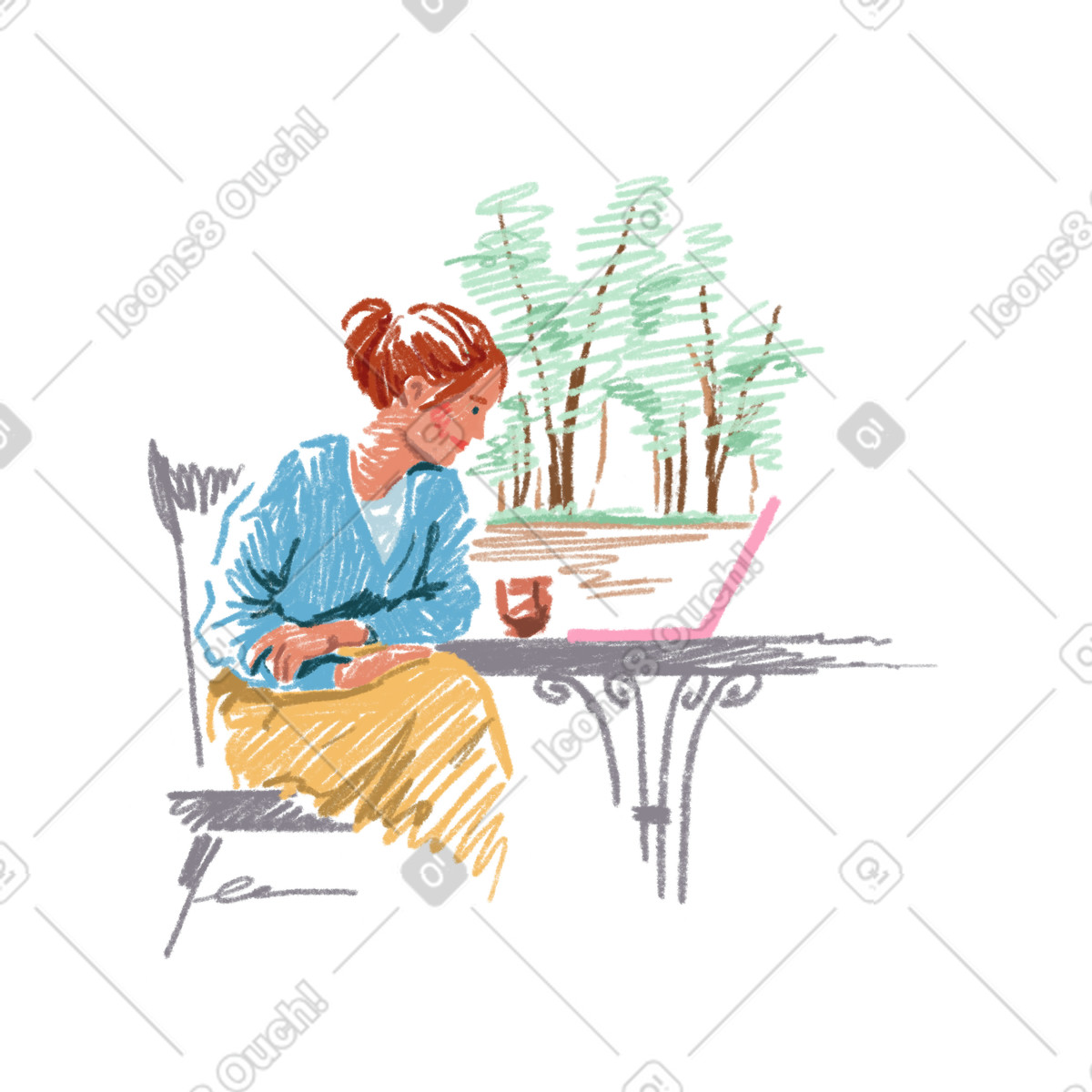 Ilustração de Freelancer feminina trabalhando em um café rua no estilo Sketchbook para baixar PNG, SVG