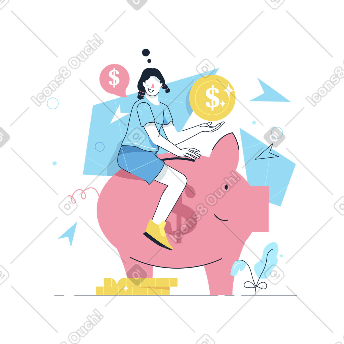 Work Hard スタイルの 貯金箱で通貨を節約する女性 のイラストをPNG、SVG形式でダウンロード