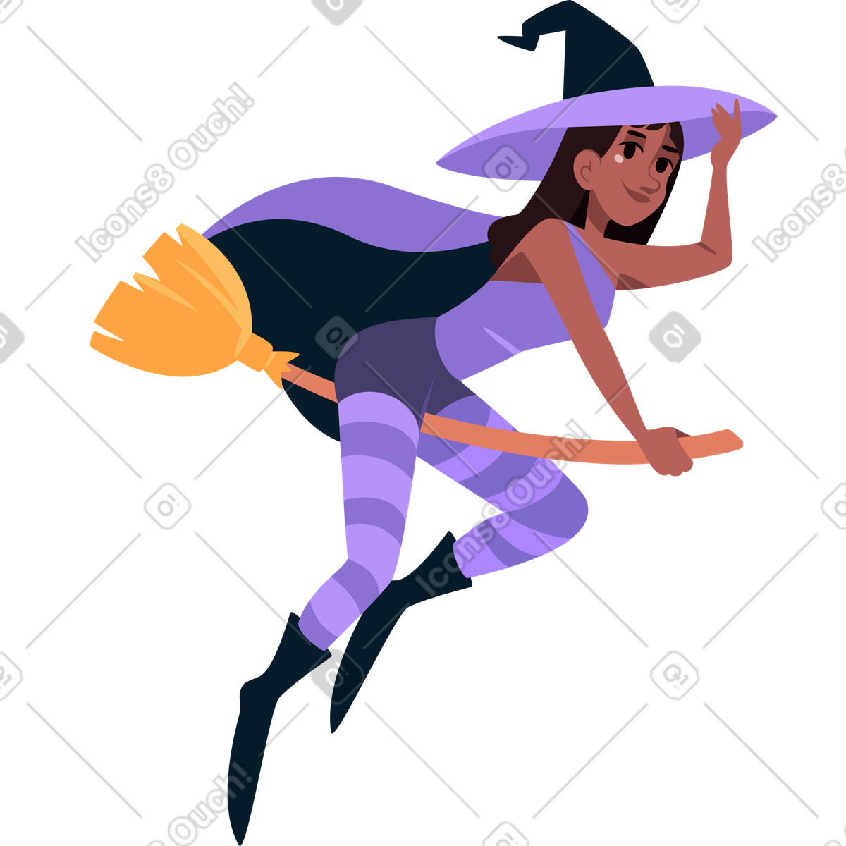 下载 Vivid 风格的 扫帚上戴着帽子的年轻女巫 插画，支持 PNG、SVG 格式