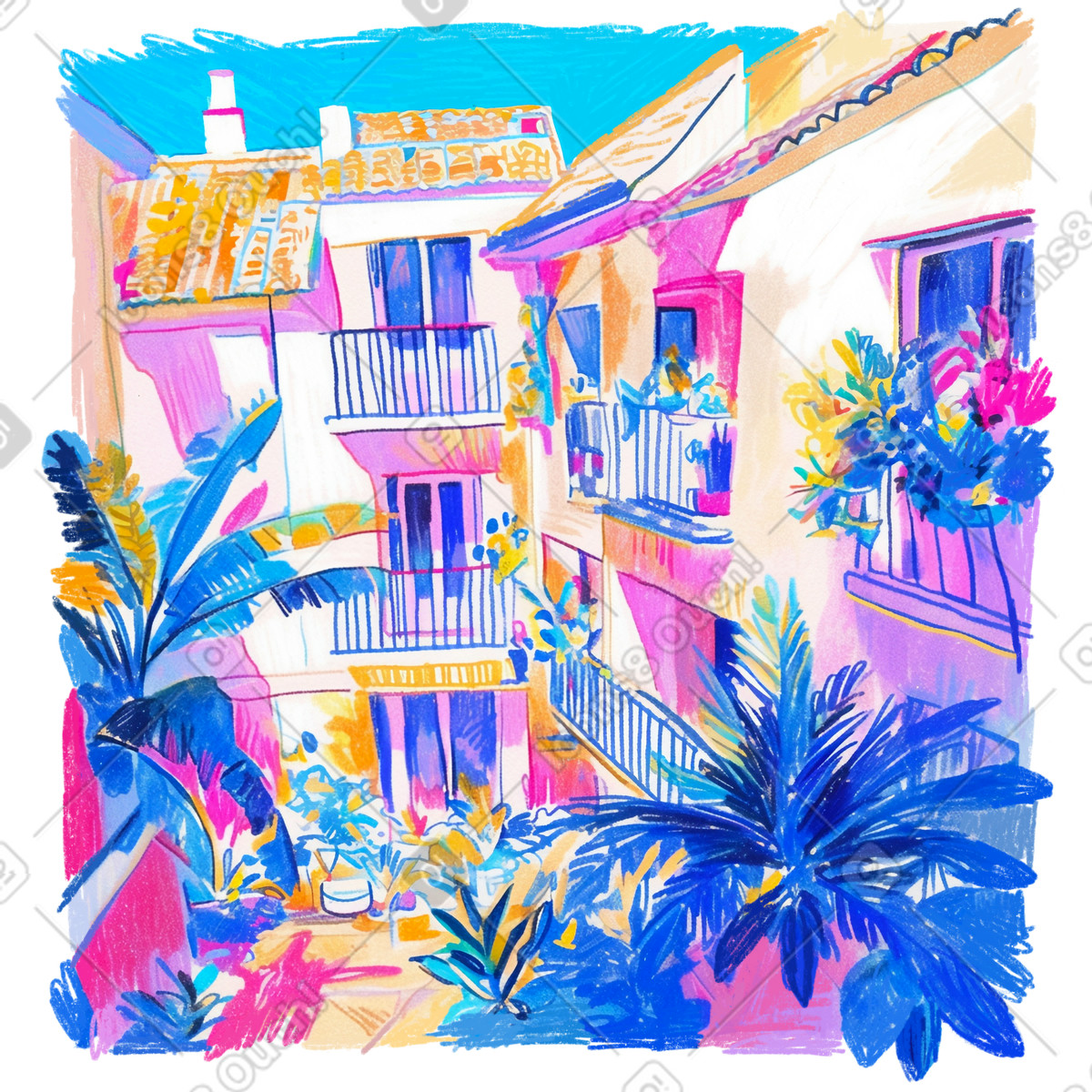 Illustration Dessin au crayon de bâtiments avec des plantes et balcons ensoleillés dans le style Fuchsia à télécharger aux formats PNG, SVG