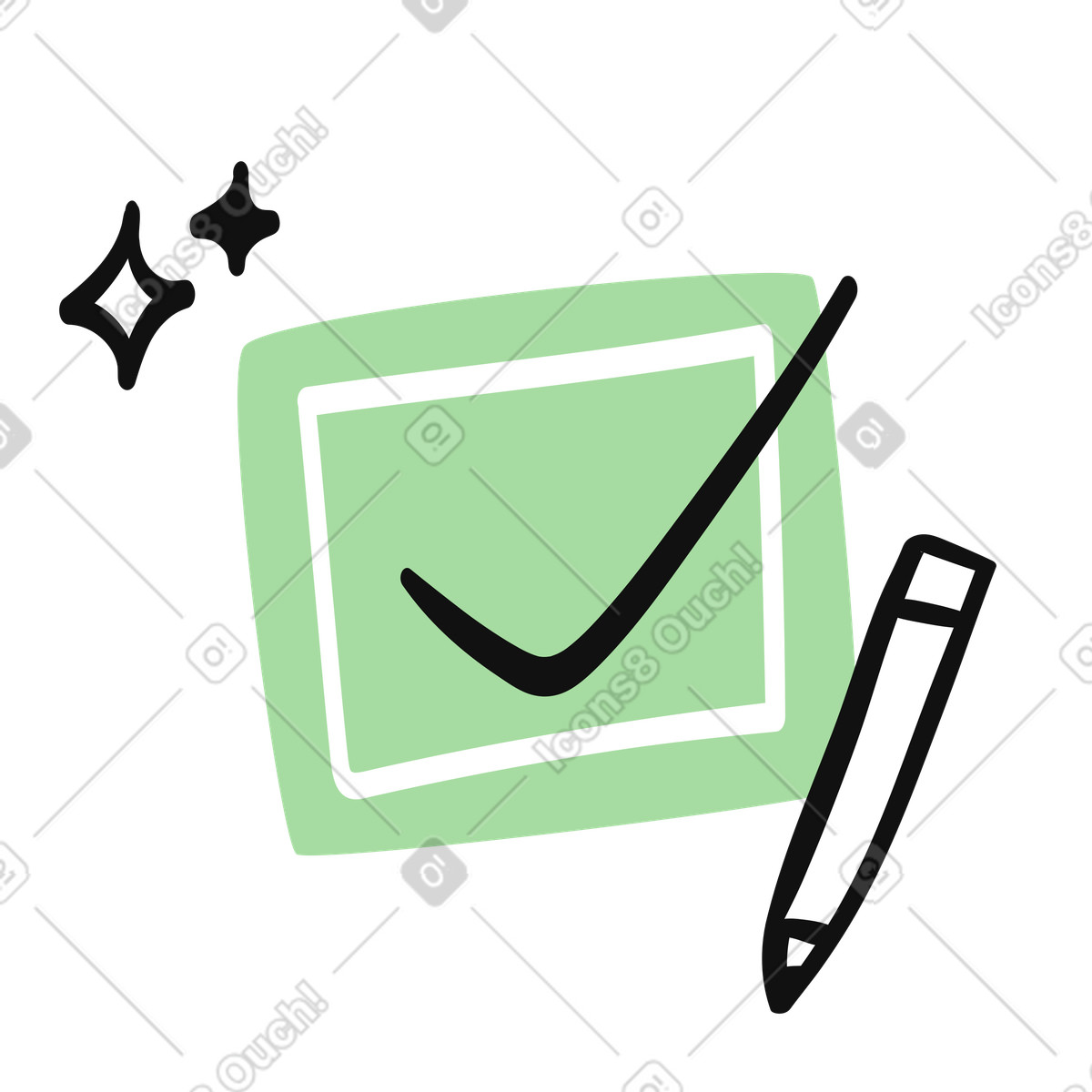 Checkmark completed task box with pen and sparkle accents-Illustration im Organic-Stil als Download in PNG, SVG