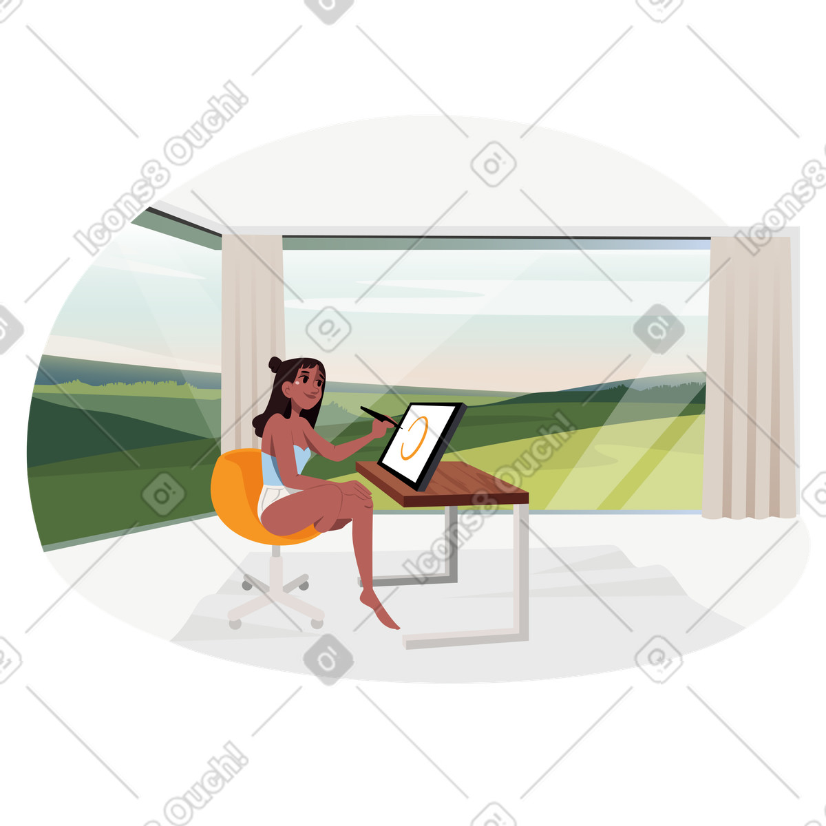 Illustratore di designer ragazze che lavora da casa con una vista panoramica della natura illustrazione animata in stile Vivid scaricabile in GIF, Lottie (JSON), AE
