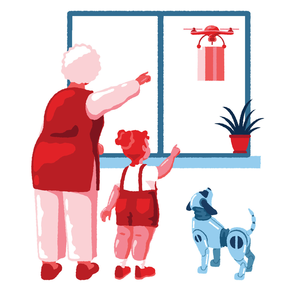 Elderly woman receives drone delivery illustration clipart images collection